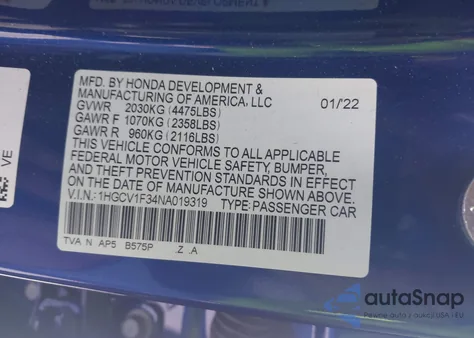 2022 Honda Accord Sport z USA, uszkodzony, nr VIN 1HGCV1F34NA019319